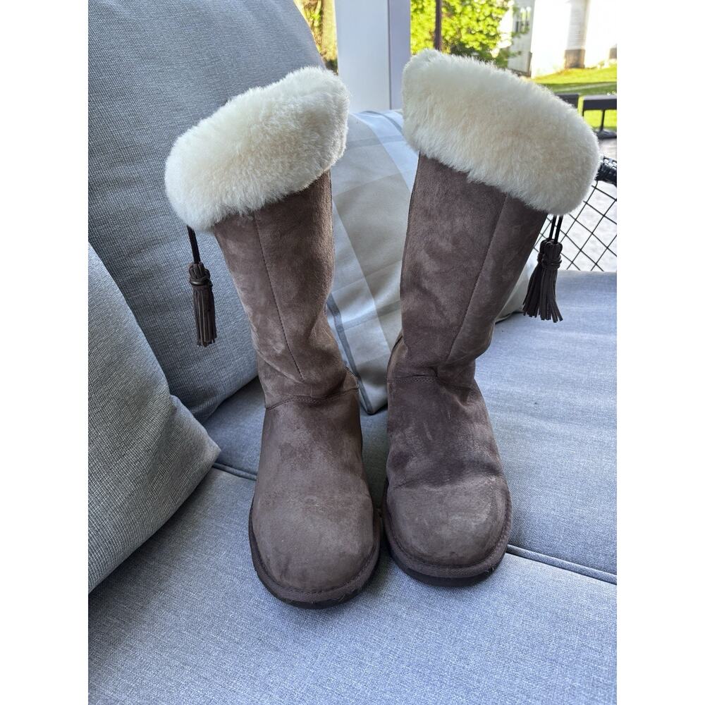 UGG Plumdale Tassel Tall Genuine Sheepskin Boots Sz 8 Zip Espresso Suede 1894 - Picture 2 of 16